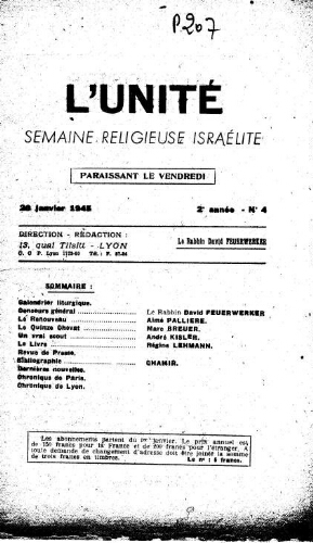L'Unité : Semaine religieuse israélite. 2ème Année N° 4 (26 janvier 1945)